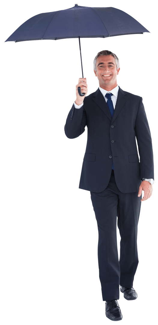 Transparent Businessman Walking in Suit Holding Umbrella