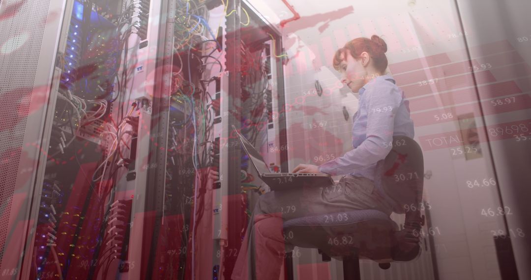 Female IT Technician Working with Servers in Data Center Overlayed with Stock Market Chart - Free Images, Stock Photos and Pictures on Pikwizard.com