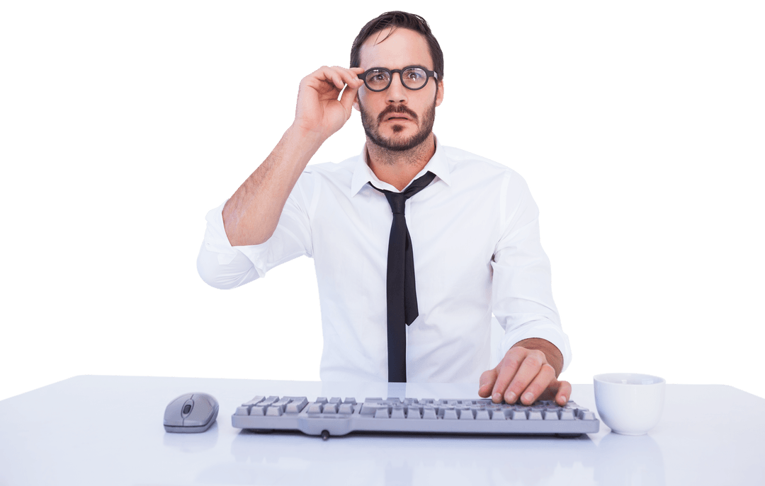 Transparent Businessman Adjusting Glasses Working at Desk