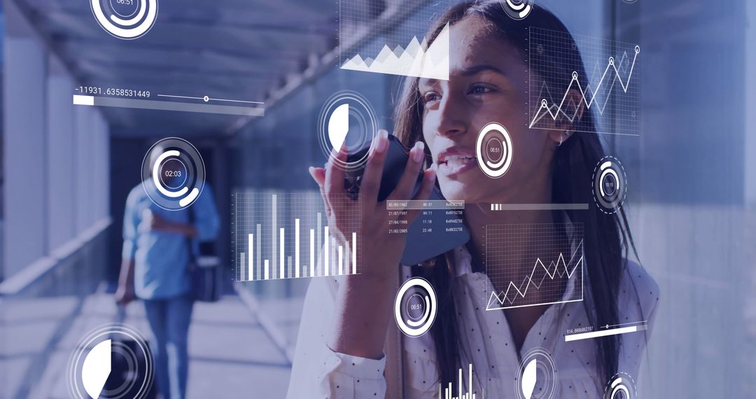 Businesswoman Utilizing Smartphone with Digital Data Overlay