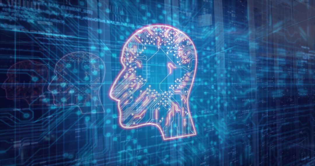 Futuristic Neon Head Profile with Digital Circuit Patterns