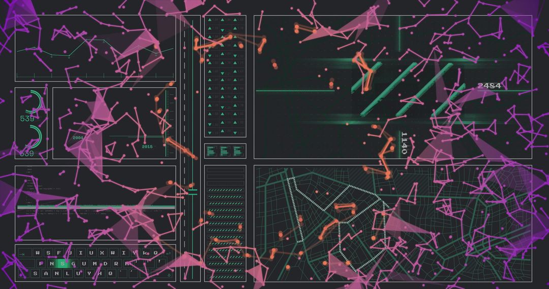 Futuristic Data Analytics Dashboard with Network Nodes and UI Panels