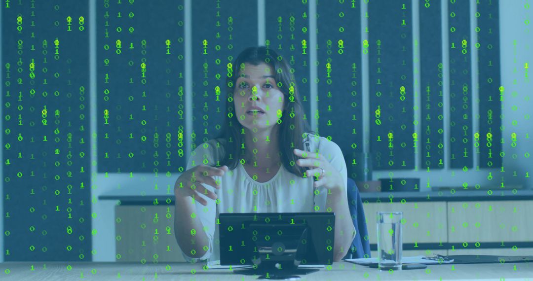 Woman Presenting with Digital Data Stream Overlay