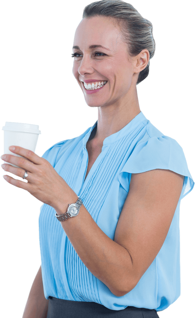 Smiling Businesswoman Holding Cup Highlighting Friendly Office Interaction