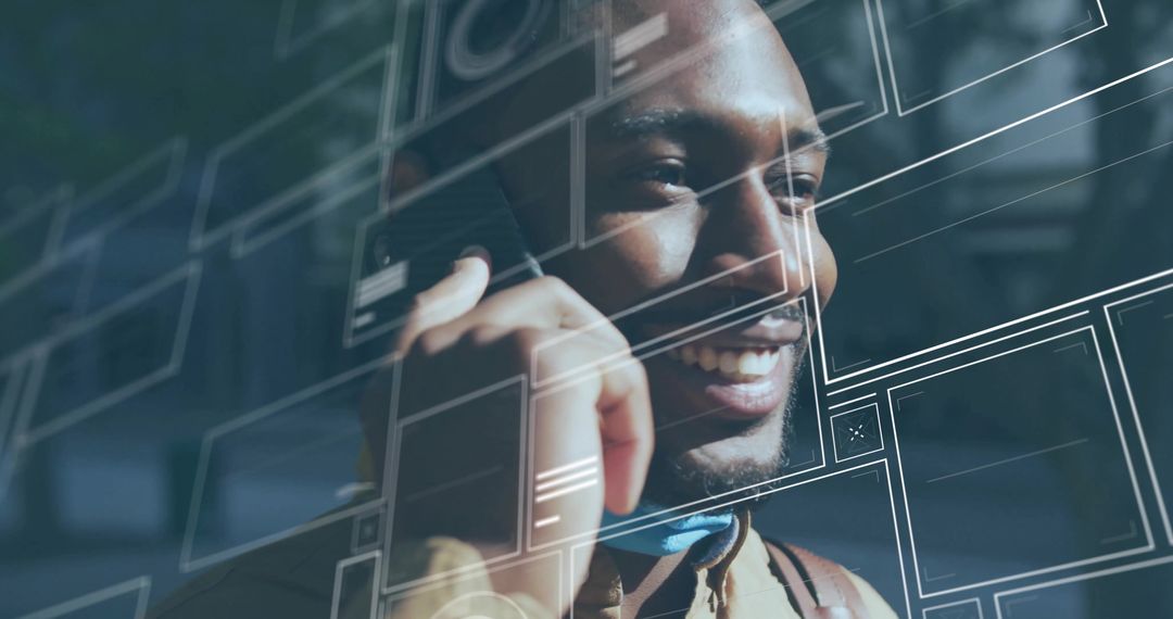 Smiling Professional Engaging in Futuristic Mobile Interaction