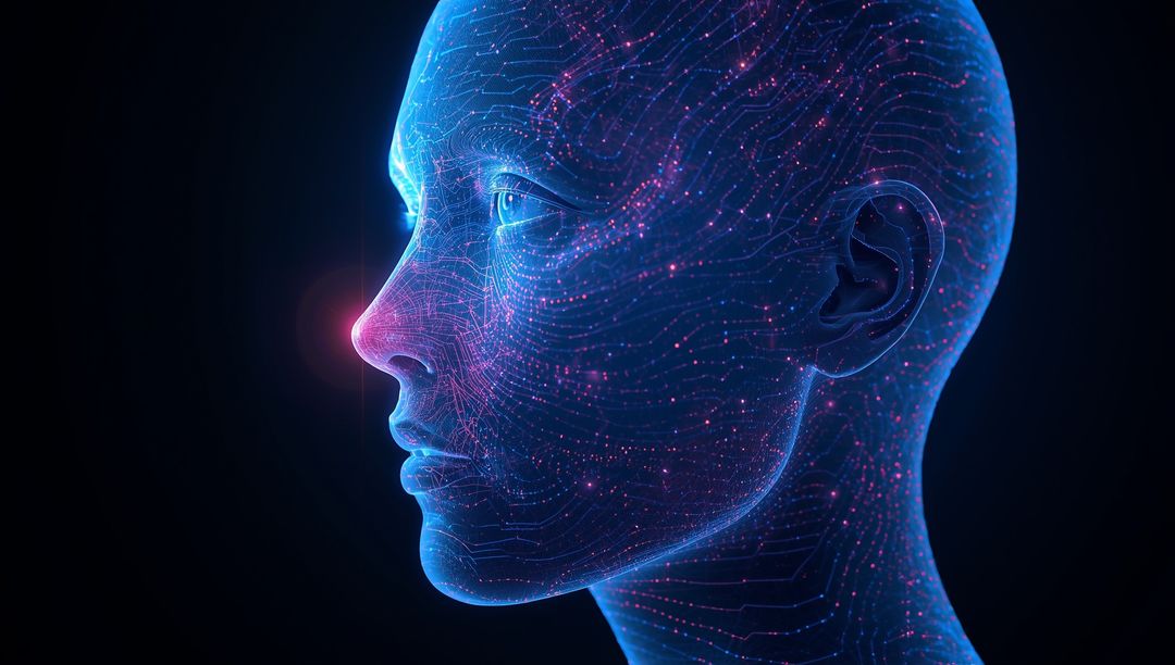 3D Wired Digital Human Head with Glowing Neural Network Lines