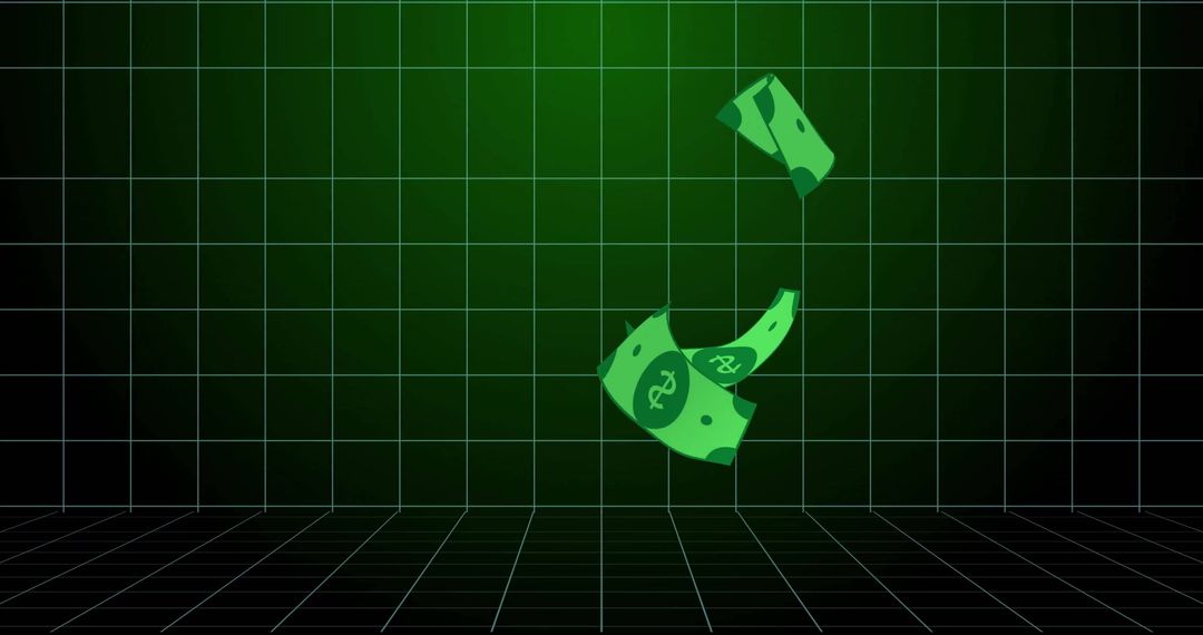 Floating Dollar Banknotes Amid Digital Grid