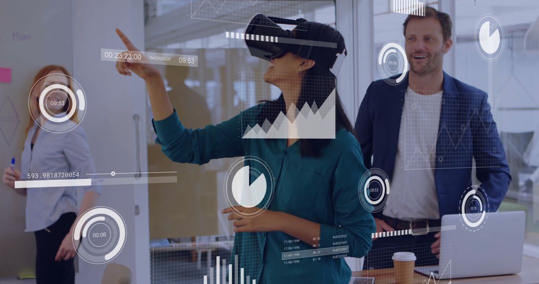Diverse Team Using Virtual Reality for Business Analysis in Modern Office