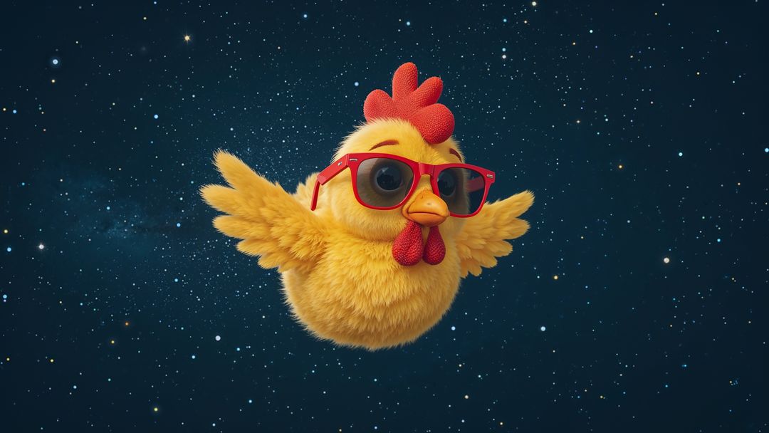 Cosmic cartoon chicken navigating starry space