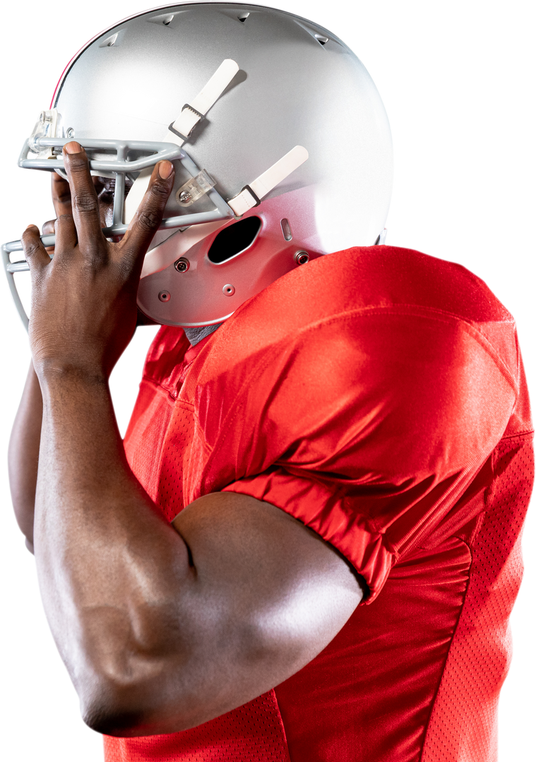 African American football player in red uniform adjusting helmet on transparent background - Download Free Stock Images Pikwizard.com