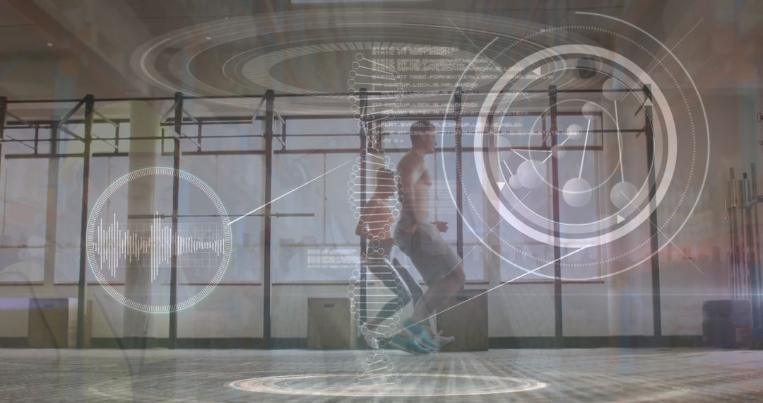 Man Using Futuristic Digital Interface for Gym Exercise