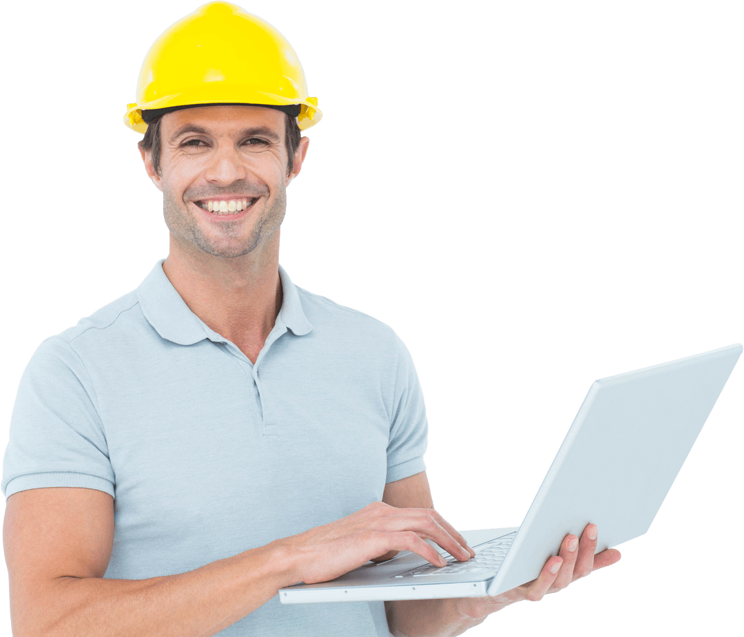 Smiling Construction Worker with Yellow Helmet and Laptop, Transparent Background