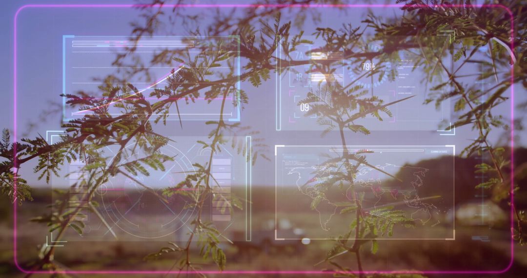 Futuristic Digital Interface Overlay on Desert Shrub