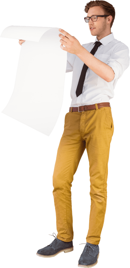 Transparent man reading large document with concentration