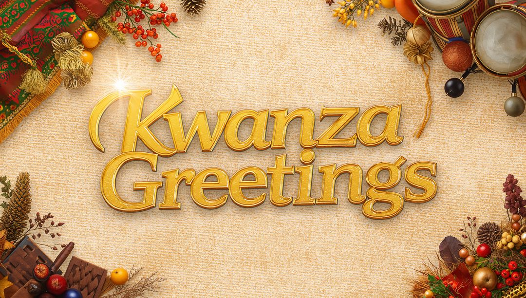 Presenting Golden 3D Kwanzaa Greetings Text on Warm Beige Festive Background