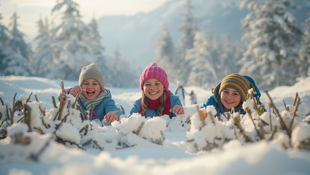 Joyful Children Enjoying Winter in Snowy Mountain Landscape