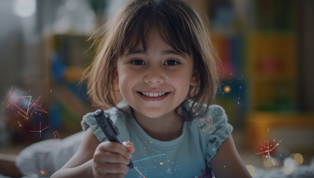 Smiling Girl Holding Stylus and Drawing Digital Magic on Bed, Portrait of Creative Child