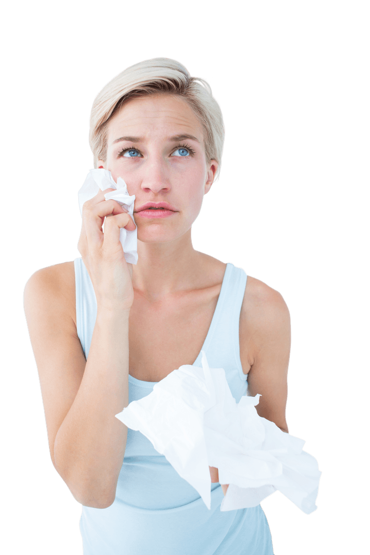 Transparent Crying Woman Holding Tissues for Sadness Theme