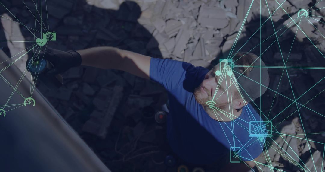 Man Rock Climbing with Digital Network Overlay Visualization