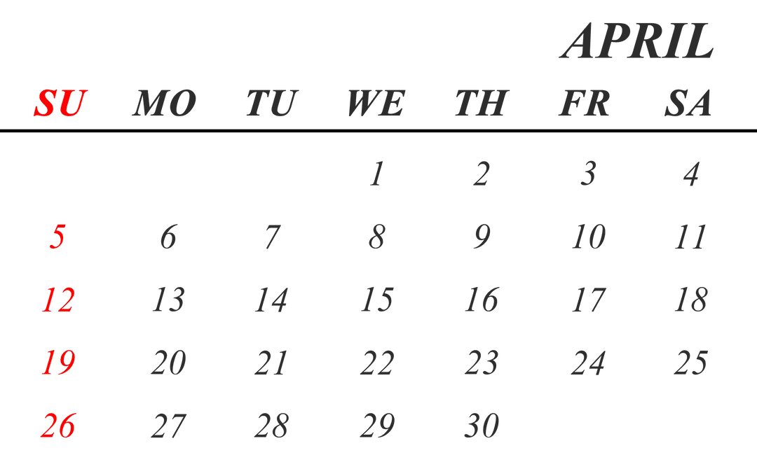 April Calendar Design on Transparent Background for Planning