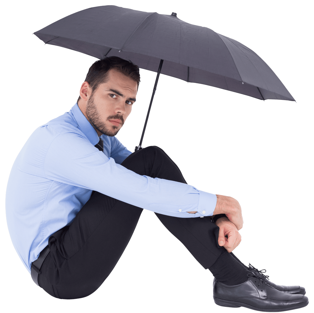 Unsmiling Businessman Seated with Transparent Umbrella