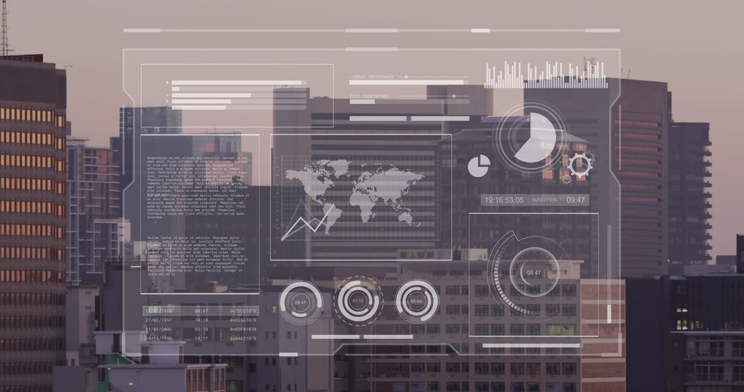 Digital Interface Overlay on Cityscape Illustrating Global Business Analytics