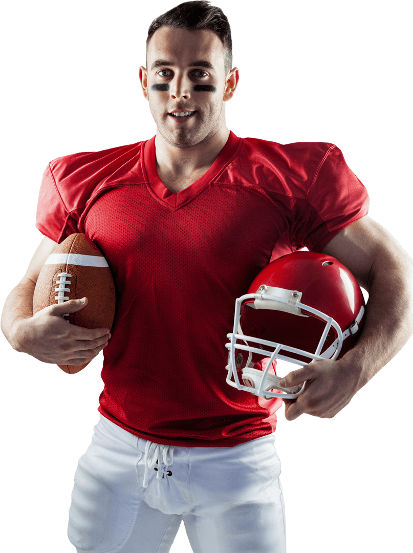 Confident Football Player Holding Helmet in Transparent Background
