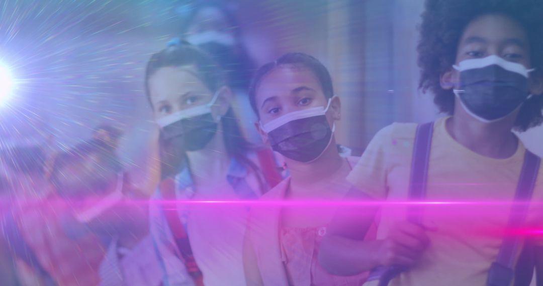 Diverse Students with Backpacks in Masks Awaiting Entry