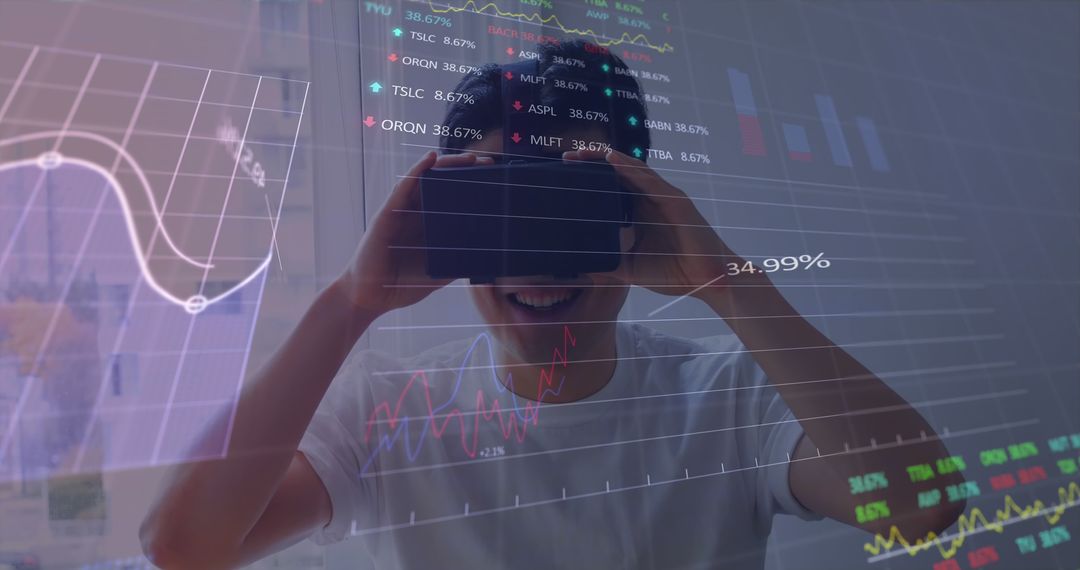 Image of financial and stock market data processing over asian man wearing vr headset - Free Images, Stock Photos and Pictures on Pikwizard.com