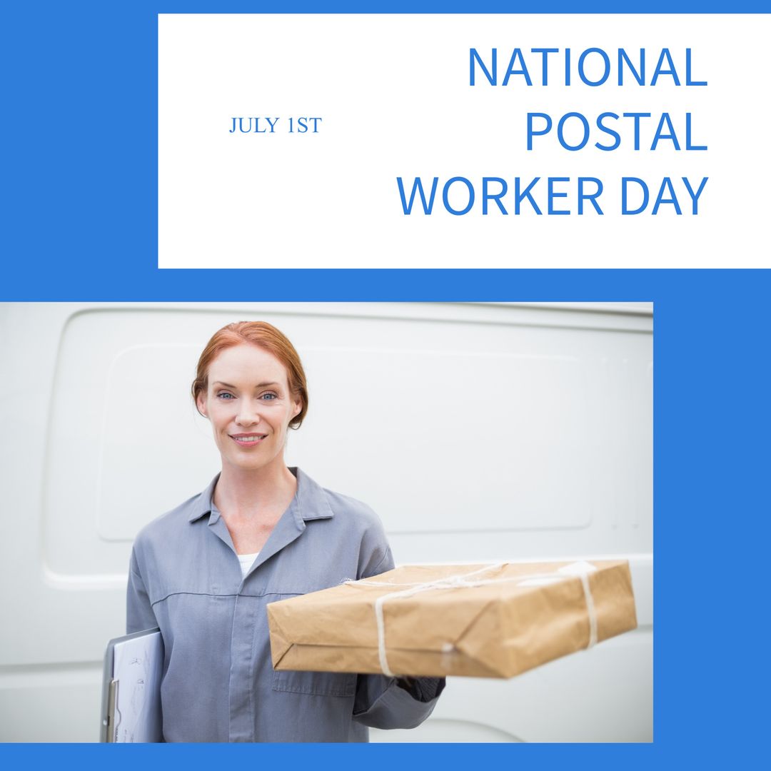 Smiling Female Delivery Worker Holding Package Near Vehicle