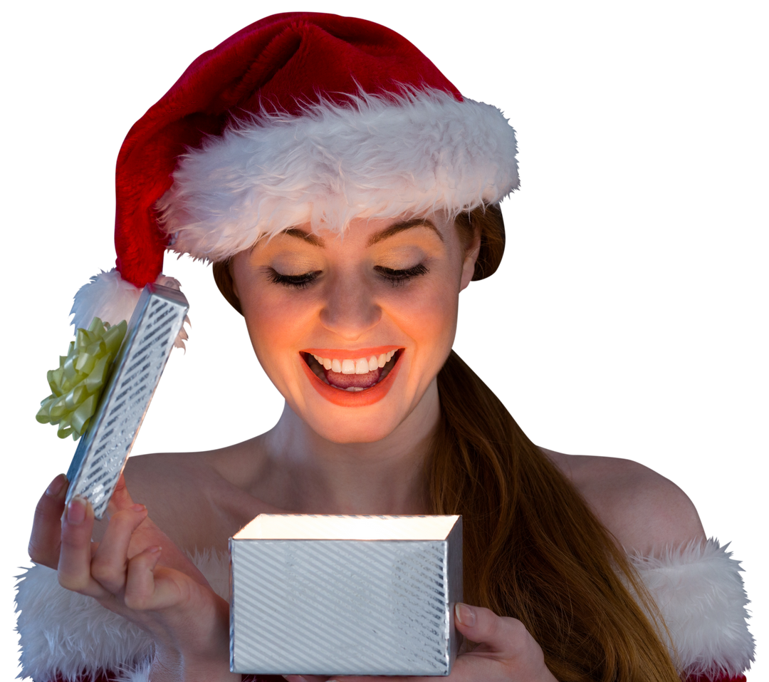 Happy Woman in Santa Costume Opening a Glowing Transparent Gift Box - Download Free Stock Images Pikwizard.com