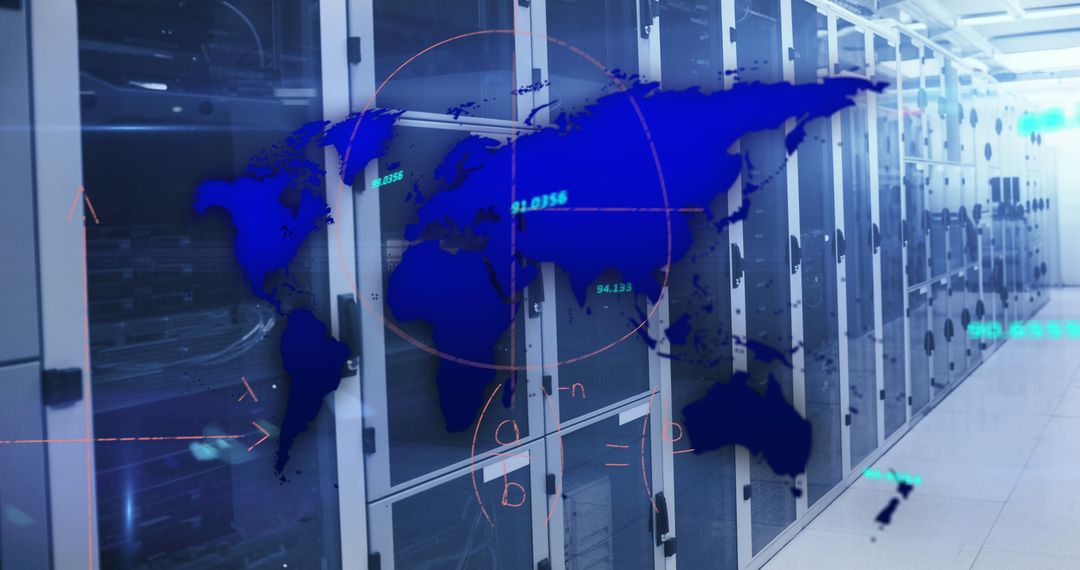Global Data Network with World Map Overlay in Server Room