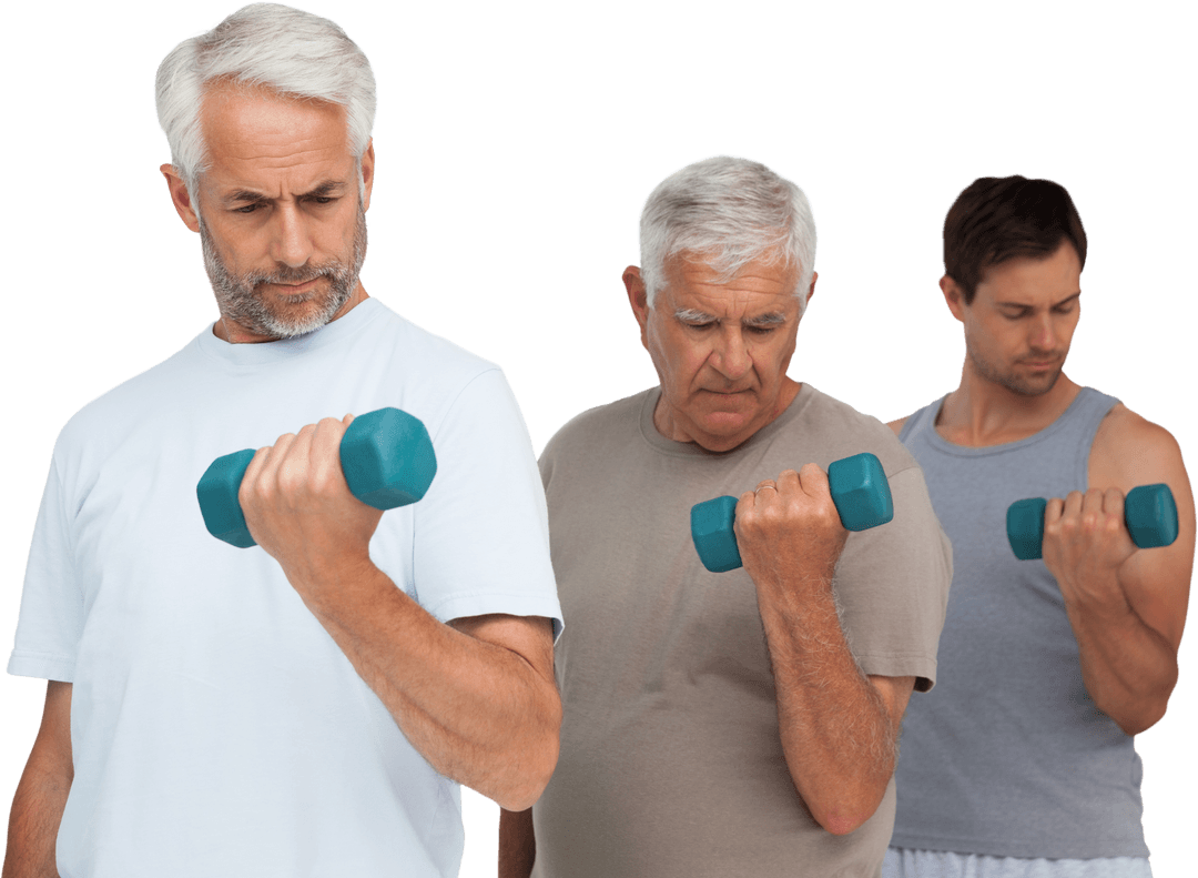 Transparent Trio of Men Exercising with Dumbbells