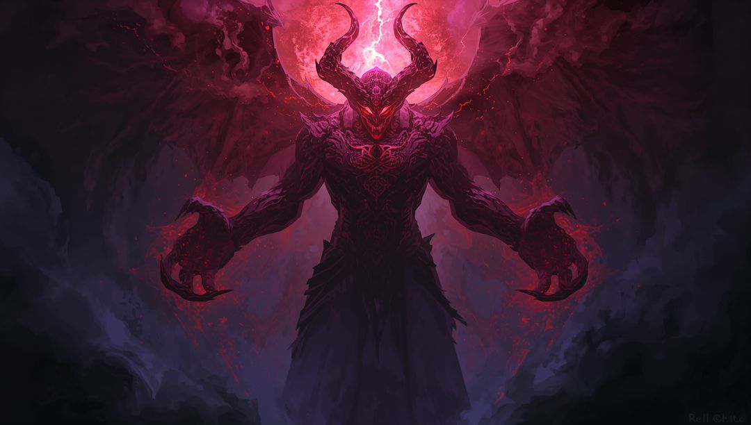 Horned Demon Under Blood Moon with Wings and Lightning