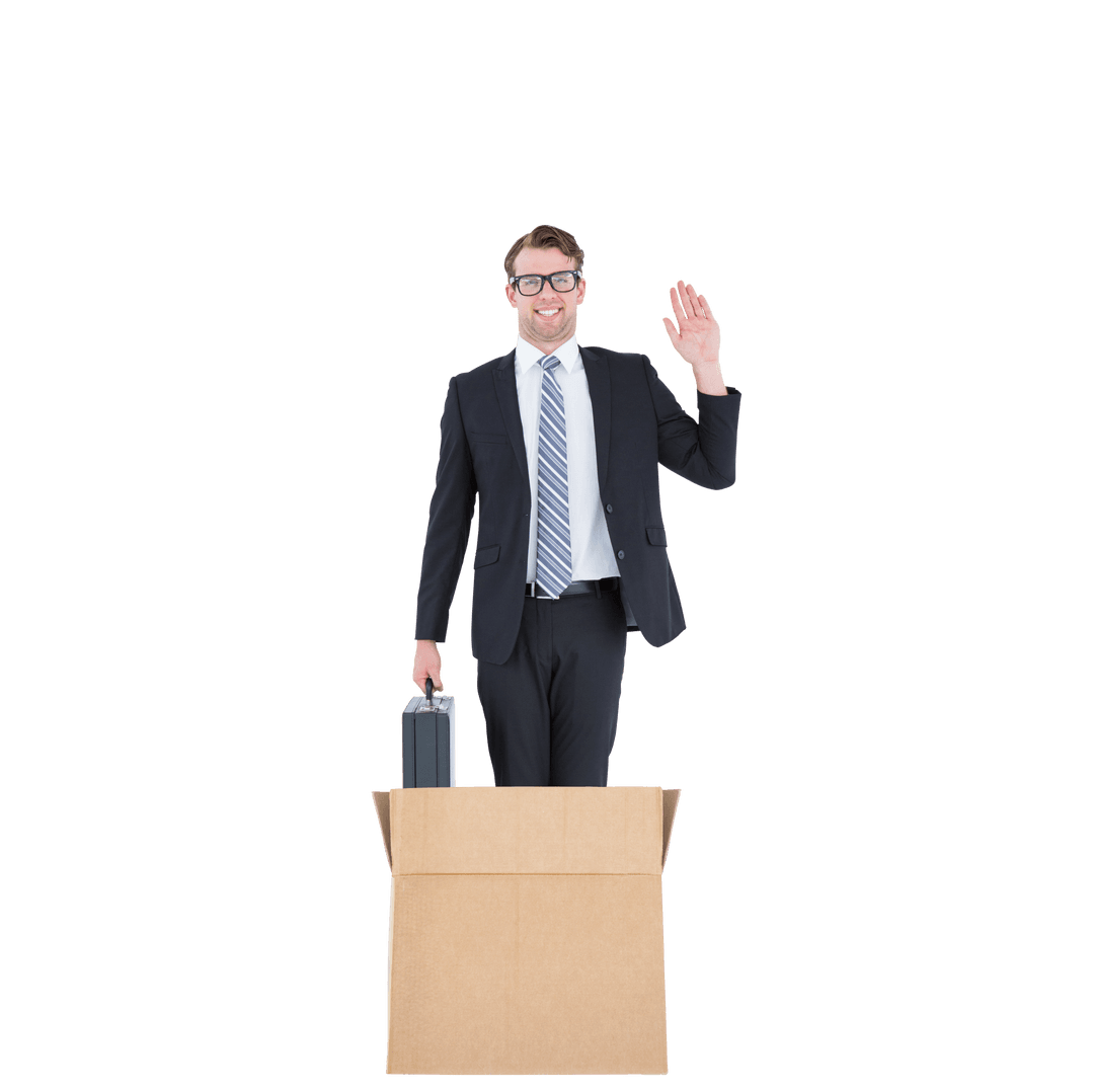 Caucasian Businessman Stands in Box with Briefcase Transparent Background