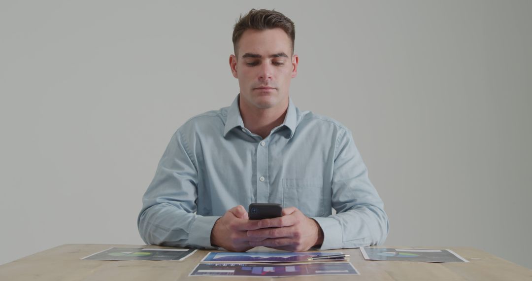 Man Using Smartphone at Office Desk Concentrating - Free Images, Stock Photos and Pictures on Pikwizard.com