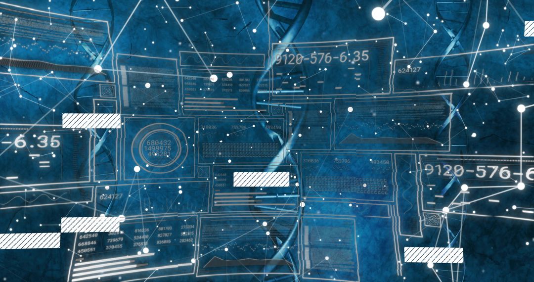 Futuristic Digital DNA Interface with Data Panels and Network Nodes