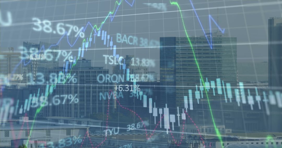 Financial Graphs Overlaying Urban Skyline Depicting Business Trends
