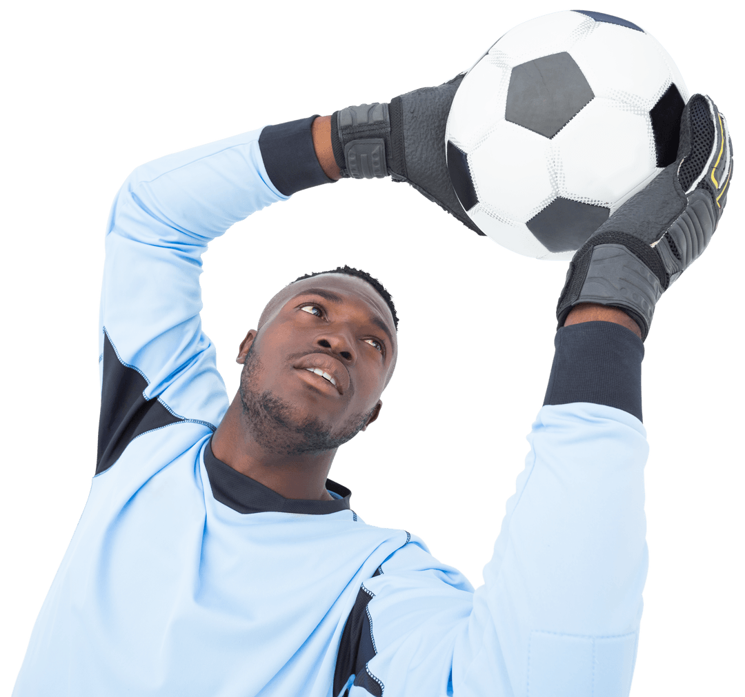 Goalkeeper with Blue Jersey Holding Soccer Ball on Transparent Background