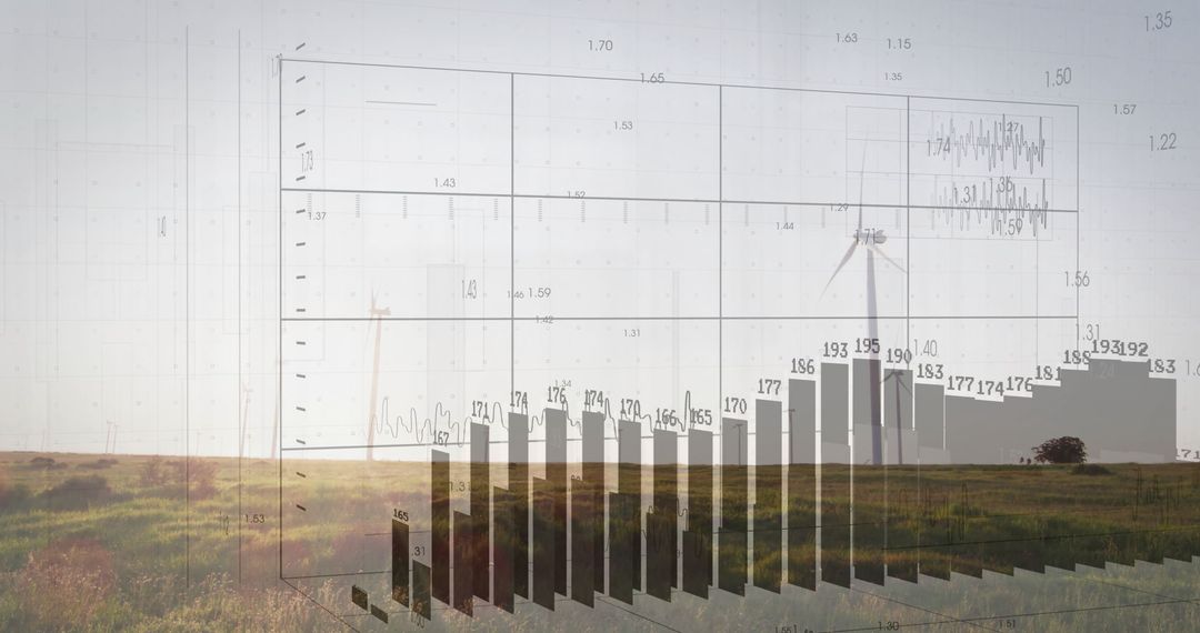 3D Bar Chart Rising Over Rural Grassland with Wind Turbine