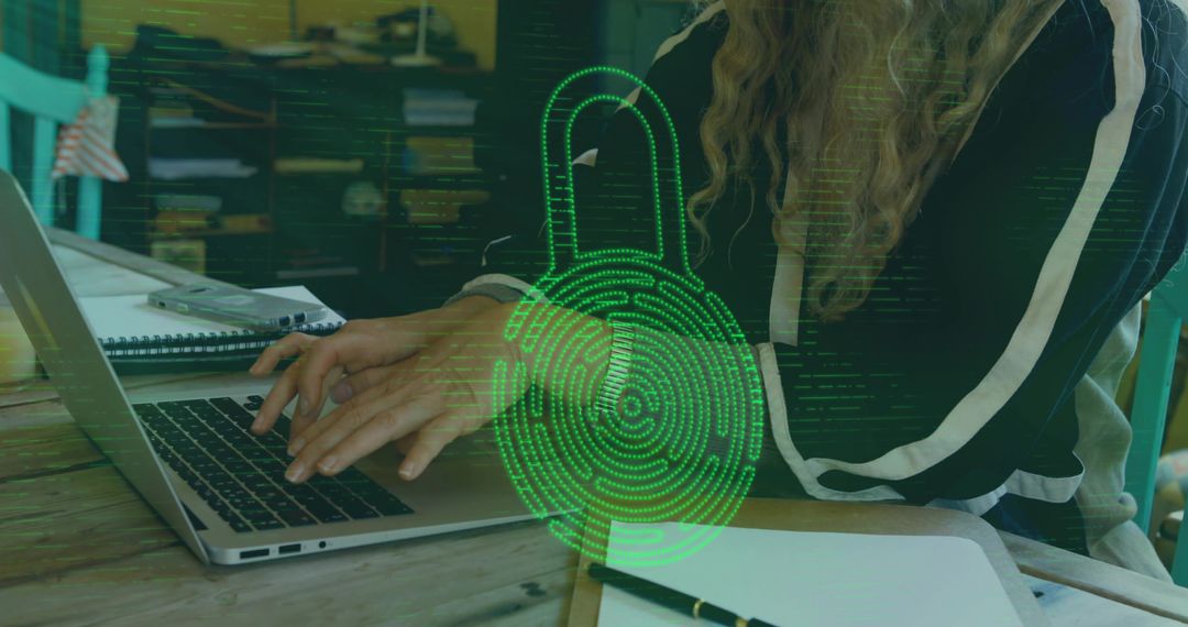 Woman typing on laptop with green digital padlock overlay representing home cybersecurity