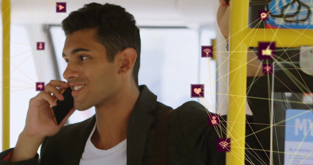 Man Communicating on Smartphone While Traveling on Bus with Digital Connectivity Concept