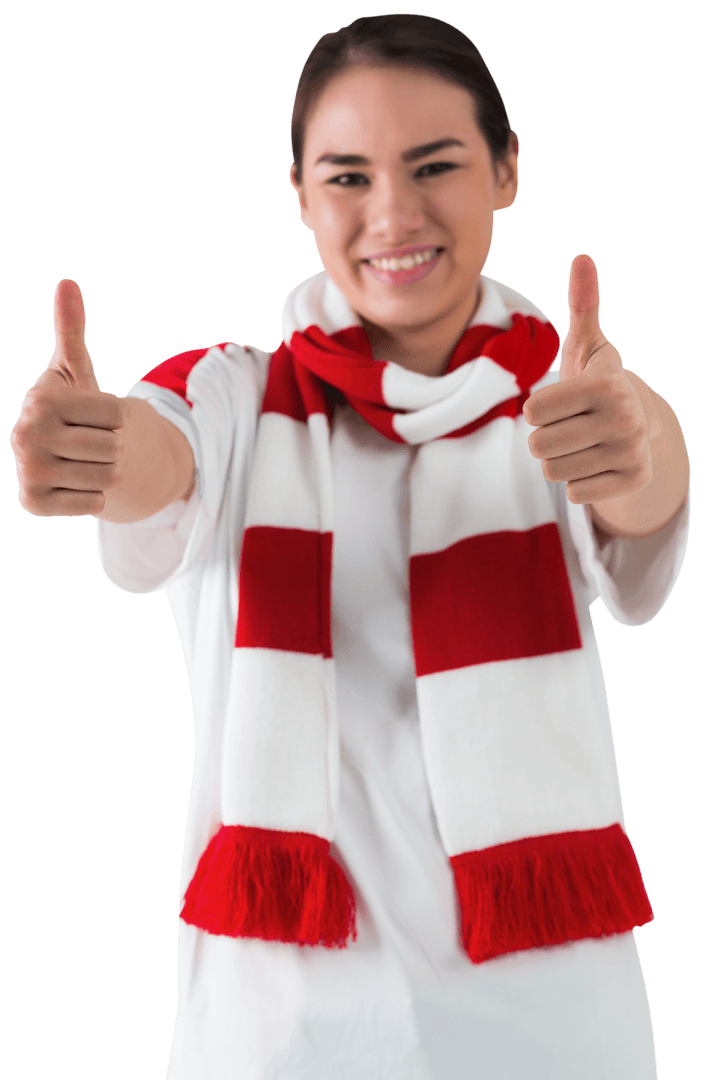 Happy Woman Giving Thumbs Up with Red Scarf on Transparent Background