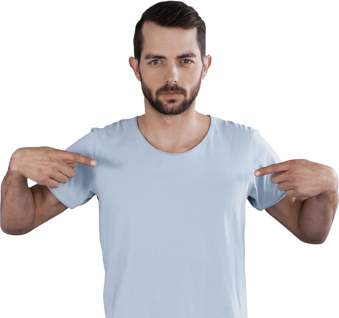 Confident Man in Blue T-Shirt Pointing at Post