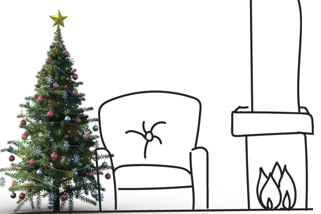 Transparent Christmas Tree with Cozy Fireplace Illustration