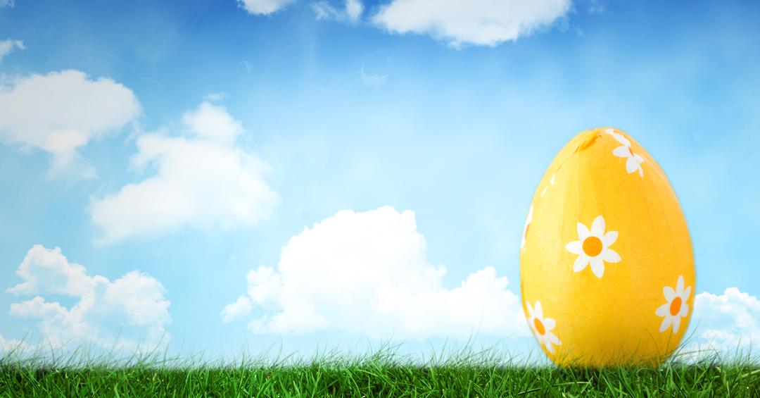 Decorative Yellow Easter Egg on Green Grass with Blue Sky Background - Free Images, Stock Photos and Pictures on Pikwizard.com
