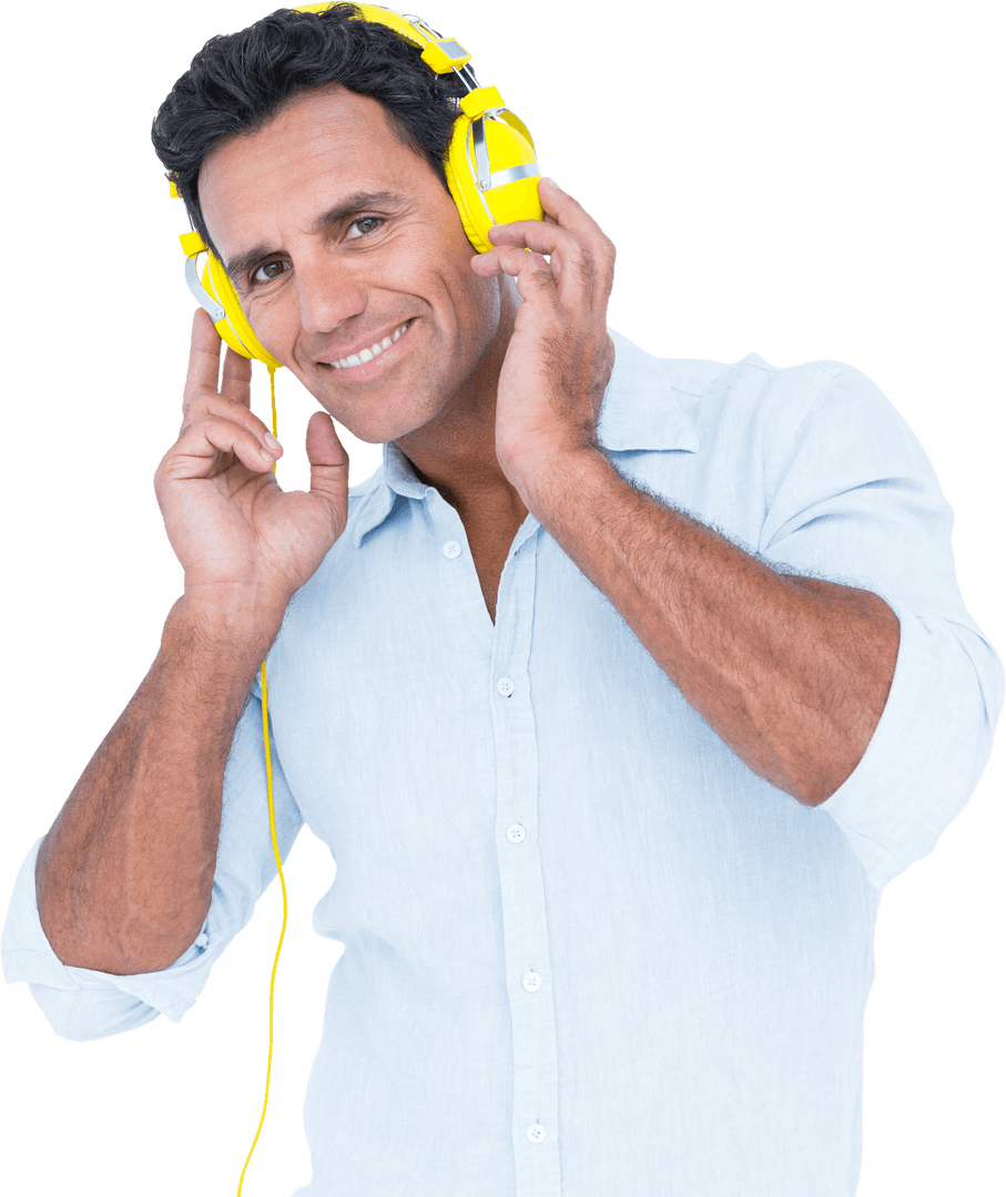 Middle-Aged Man Enjoying Music with Yellow Headphones Transparent