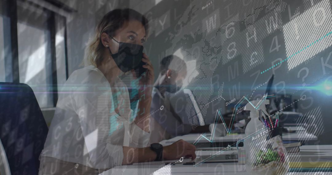 Masked Professional using Smartphone with Digital Data Overlays in Office