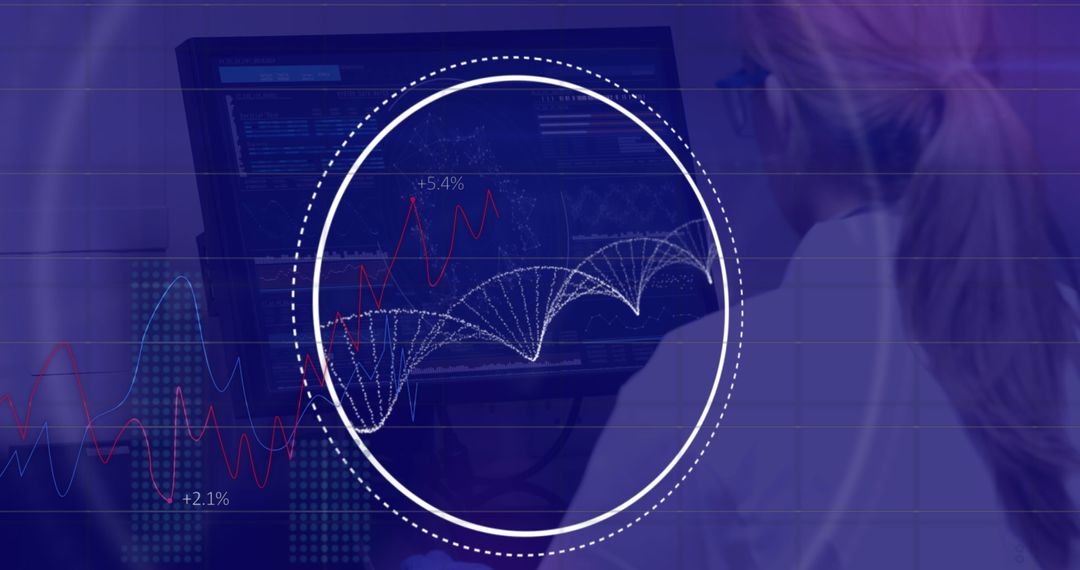 Caucasian Woman Analyzing Data with DNA Strand Technology Digital Interface