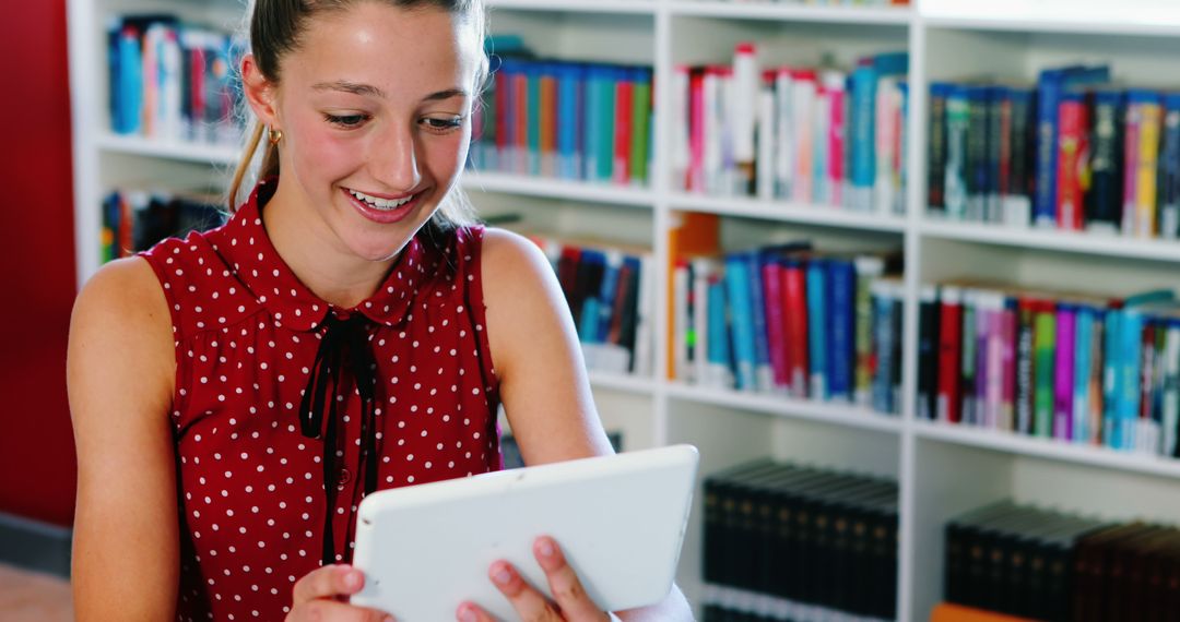 Teenage Girl Enjoying Digital Learning in Library